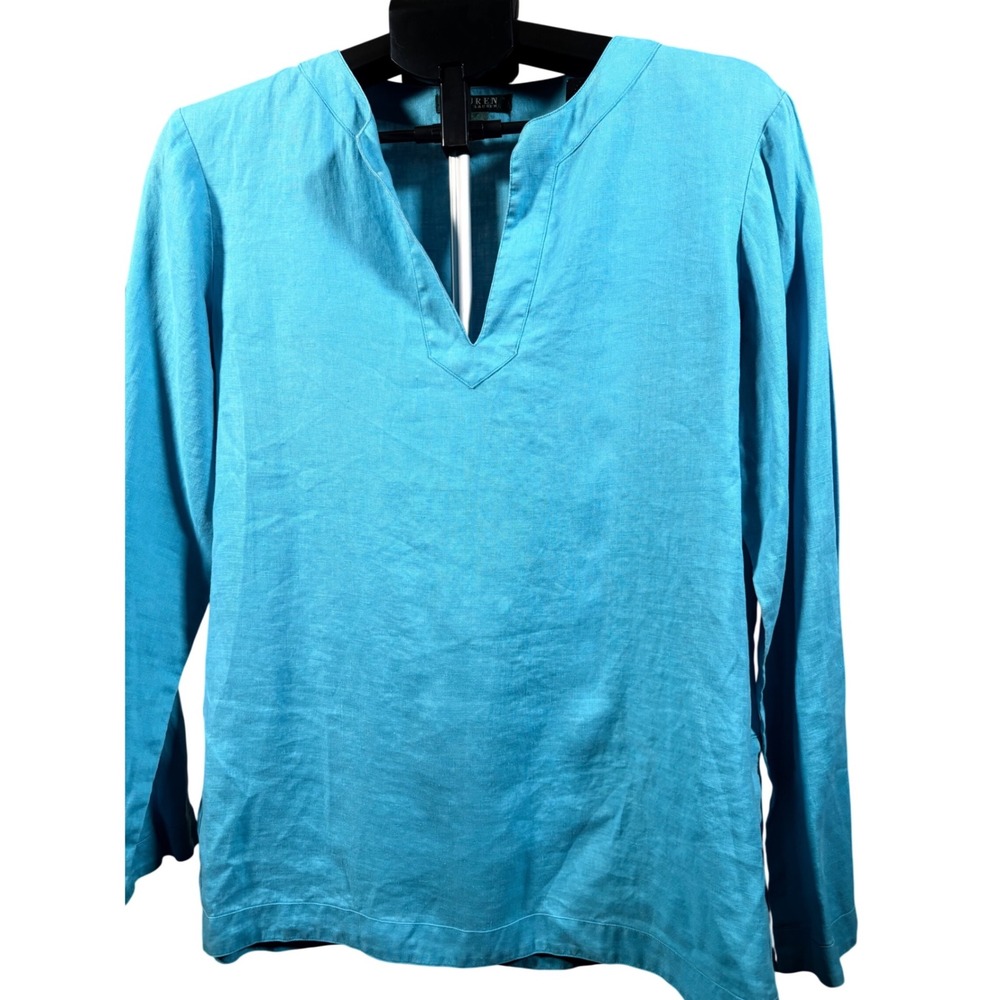 Lauren Ralph Lauren Blue Linen Blend Tunic Top Split Neck Long Sleeve Women M